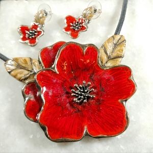 Vintage Chico's Red Poppy Necklace and Earrings Set